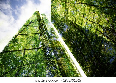 green city - double exposure of lush green forest and modern skyscrapers windows	 - Shutterstock ID 1975731365