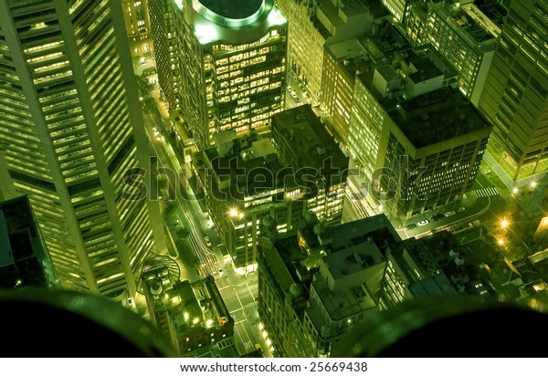 green city\
night, photo taken from a\
skyscraper