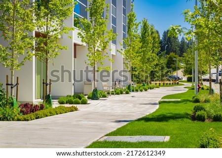 Green city street with walkway in residential area in sunny summer day. Street photo, nobody, selective focus-June 24,2022-Vancouver BC Canada