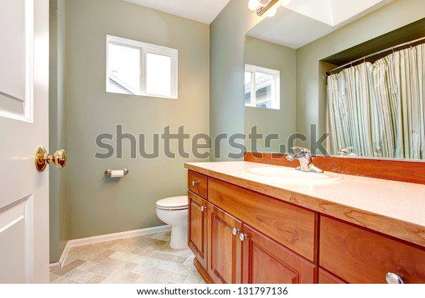 Green Clean New Bathroom Wood Cabinets Stock Photo Edit Now