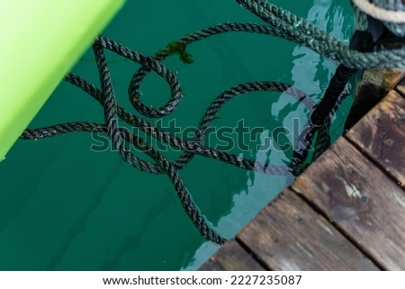 green clear water in which there is a large braided green rope connecting the boardwalk and the side of the boat