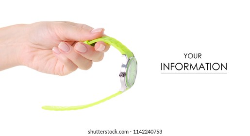 Green clock on a hand pattern on a white background isolation