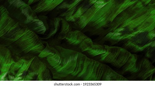 Green Cloth. Silk Fabric In Fine Organza With Panther Print, Crumpled Texture. Background. Template.