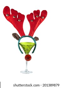 Green Cocktail Glass With Reindeer Ears And Nose Isolated On White