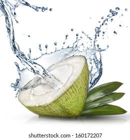 Green Coconut With Water Splash Isolated On White