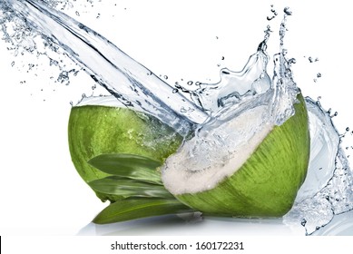 Green Coconut With Water Splash Isolated On White