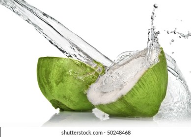 Green Coconut With Water Splash Isolated On White