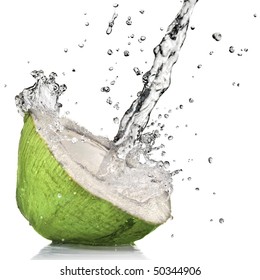 Green Coconut With Water Splash Isolated On White