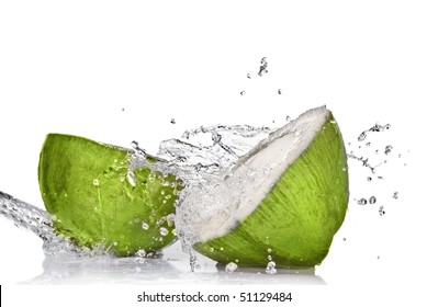 Green Coconut With Water Splash Isolated On White