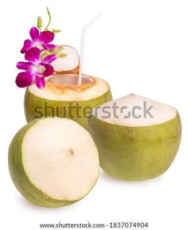 Green coconuts with drinking straw isolated on white background, collection of Tropical Fresh coconut juice on white with clipping path.