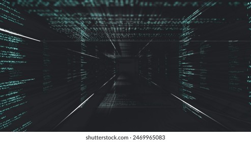 Green code cascading down screens in dark corridor, forming a matrix-like tunnel. Light glowing at end enhances the mysterious atmosphere - Powered by Shutterstock