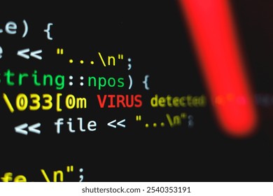 Green code line with Virus Alert words on screen. Security online concept. High quality photo