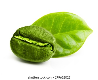 Green Coffee Bean With Leaf Isolated On White Background.