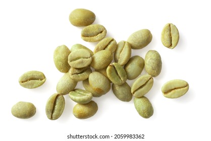 Green Coffee Beans Isolated On White Background, Top View