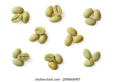 Green Coffee Beans Isolated On White Background, Top View