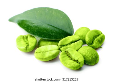 Green Coffee Beans With Leaf Isolated On White