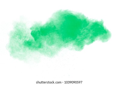 Green Color Powder Explosion Cloud Isolated On White Background.