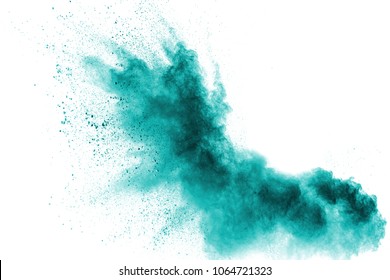 Green Color Powder Explosion Cloud Isolated On White Background.