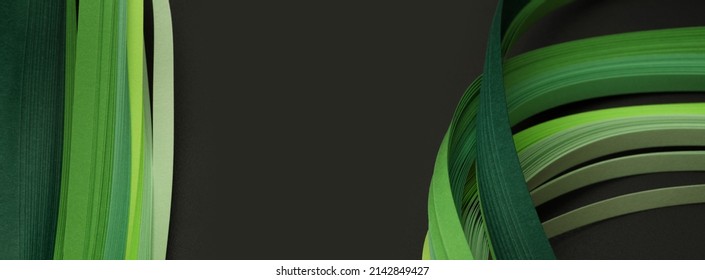 Green color strip wave paper line. Abstract texture black long horizontal copy space background.