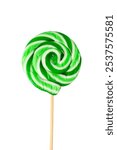 Green colored lollipop candy on white background