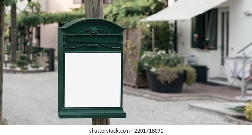 Green Colored Metal Mailbox With White Mockup Fixed On Pole Outside