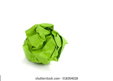 Green colored paper ball isolated on white background. Picture taken in studio with soft-box.