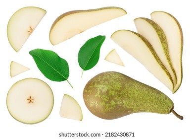 Green conference pear isolated on white background. Top view. Flat lay - Shutterstock ID 2182430871
