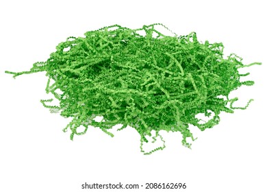 green confetti shredded crinkled paper for gifts and stuffing in cardboard boxes.Isolated white background
