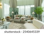 Green contemporary interiors, luxury living room decorated with partition and plant pot.