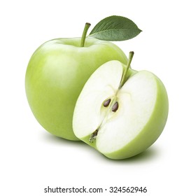 Green cooking apple and half isolated on white background as package design element