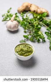 Green Coriander Chutney In White Bowl