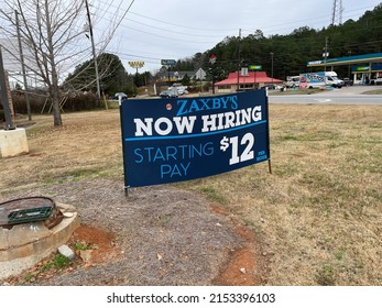 Green County, Ga USA - 12 20 21: Zaxbys Restaurant Now Hiring 12 Dollars And Hour