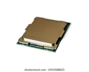 Green CPU processor chip isolated on white background.