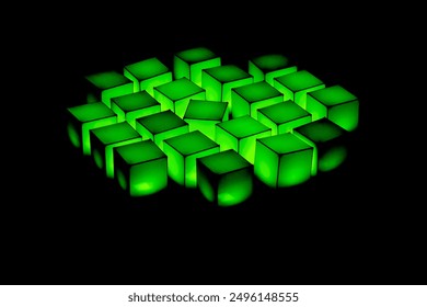 green cubes floating in the air in the dark background - Powered by Shutterstock