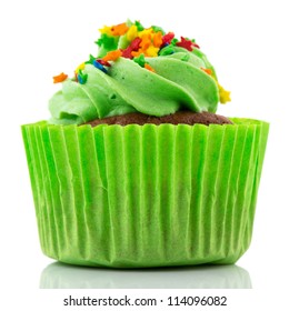 Green Cupcake With Butter Cream And Confetti