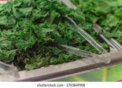 Green Curly Kale Chopped Tray With At Salad Bar With Plastic Tongs In High-end Grocery Store Near Dallas, Texas, America. Colorful Fresh And Organic Vegetable In Self-service Counter.