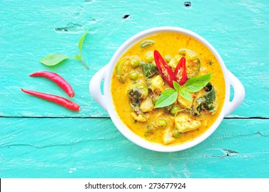 Green Curry With Chicken In Bowl,Thai Food.