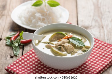Green curry chicken with thai rice vermicelli , Thai cuisine.
