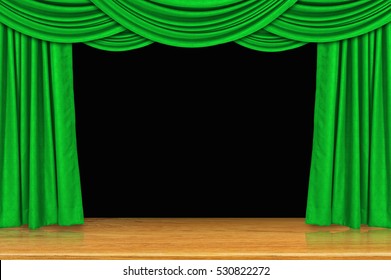 Green Curtains And Wooden Stage Floor