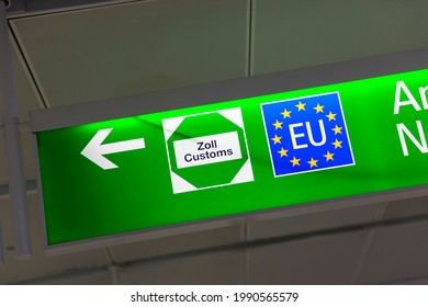 Green Customs Sign With European Union Flag Symbol At German Airport