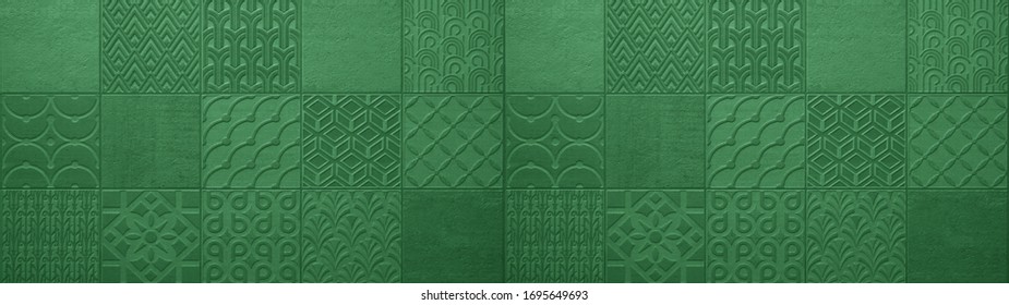 Green dark abstract vintage retro geometric square mosaic motif tiles texture background banner panorama	
