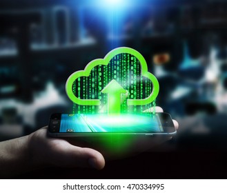 Green digital cloud receiving datas from businessman phone 3D rendering