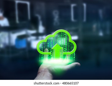 Green digital cloud receiving datas from businessman hand 3D rendering
