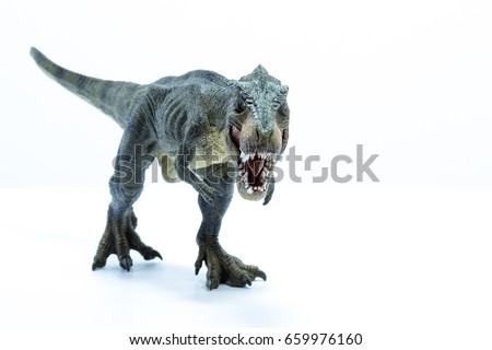 Green Dinosaur Tyrannosaurus Rex with open mouth in attack position - front view white background
