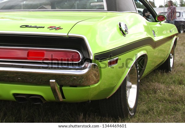 Green Dodge\
Challenger R/T at Pick-Nick 2018, Classic car show in Forssa,\
Finland. 05.08.2018 Forssa,\
Finland