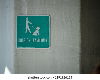 Green Dogs On Leash Only Sign Hanging On Concrete Wall Outdoors