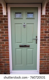 Green Door. Modern House Composite Upvc Front Door With Chrome Hardware. Timber Look Classic Design. 