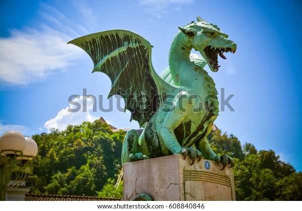Green dragon at Zmajski most, symbol of\
Ljubljana, Slovenia