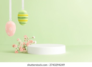 green Easter background with a platform, flowers and Easter eggs