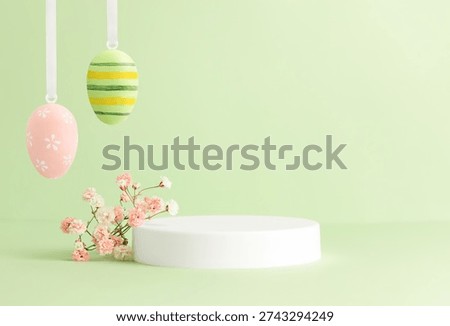 green Easter background with a platform, flowers and Easter eggs